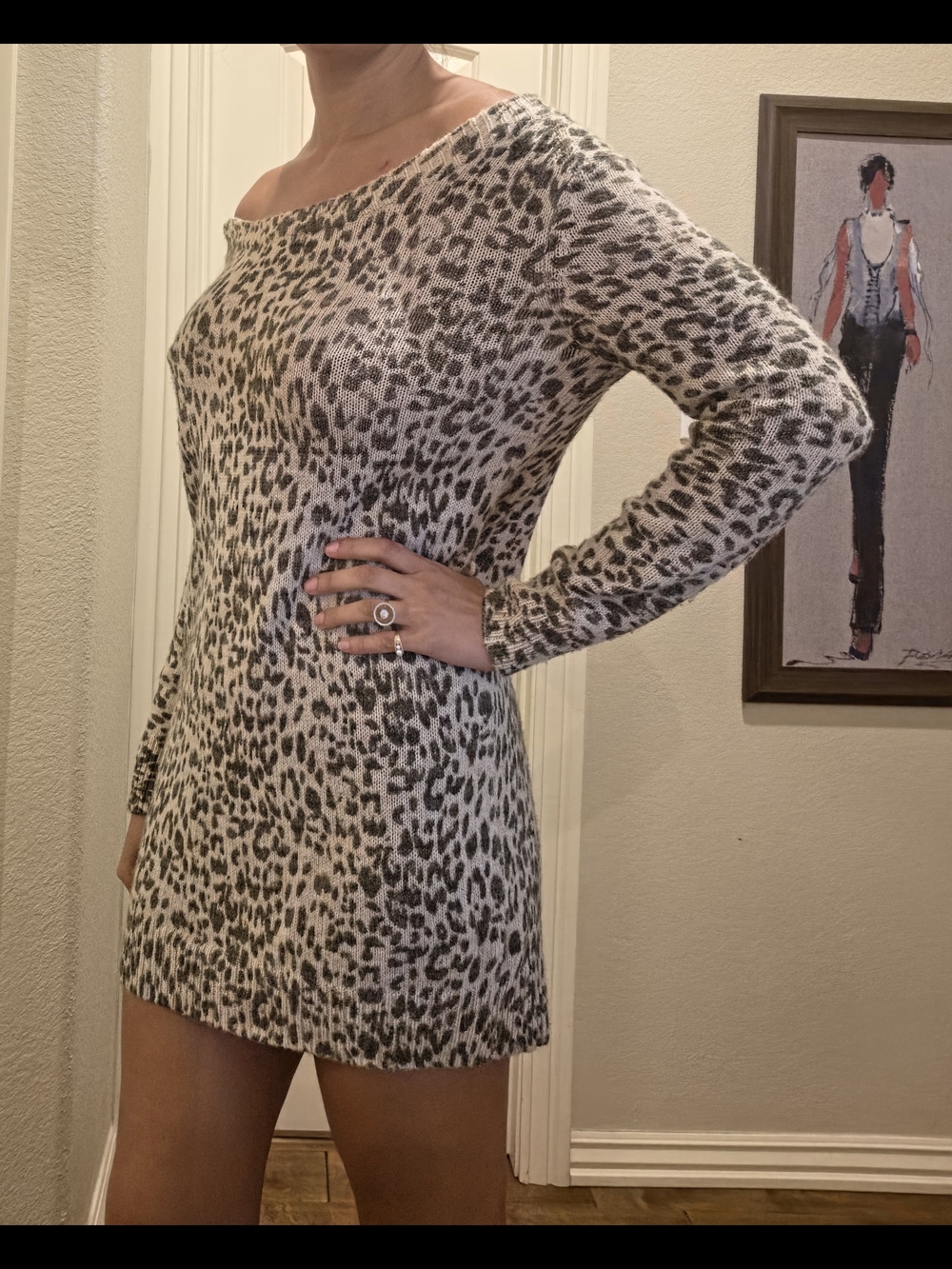 Leopard Print Off-Shoulder Sweater Dress - Cream/Black